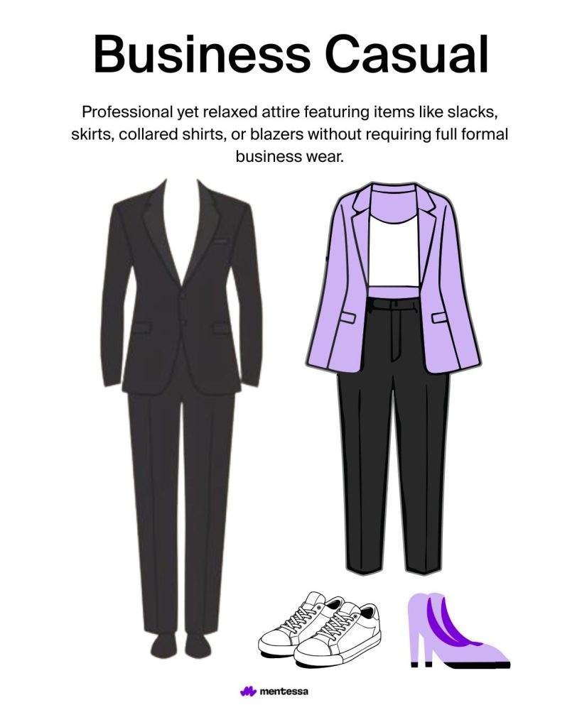 Visual example of business casual attire featuring items like slacks, skirts, collared shirts, or blazers without full formal business wear.