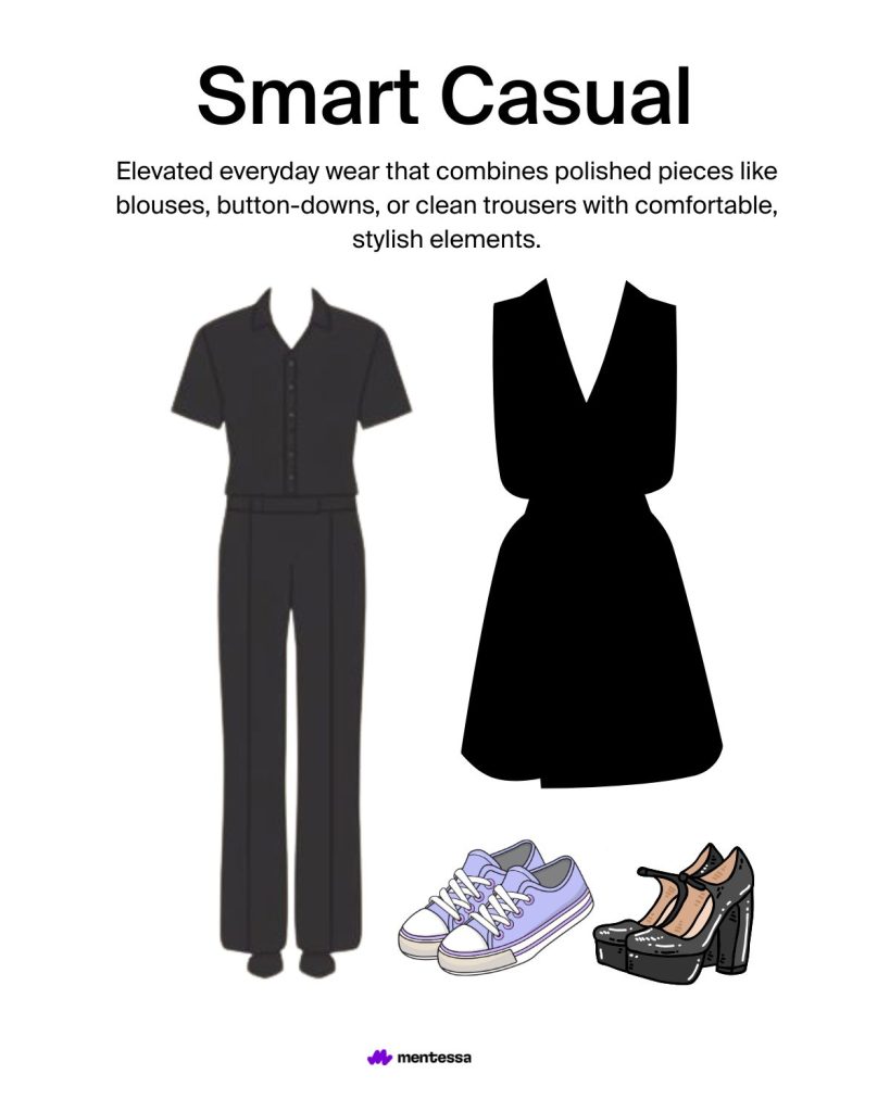 Visual example of smart casual attire combining polished pieces like neat trousers, blouses, or button-downs with comfortable everyday elements.