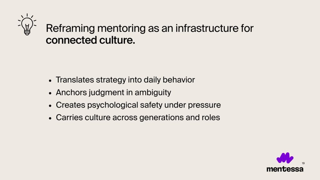 Slide illustrating the shift from mentoring as a limited program to mentoring as an organizational infrastructure